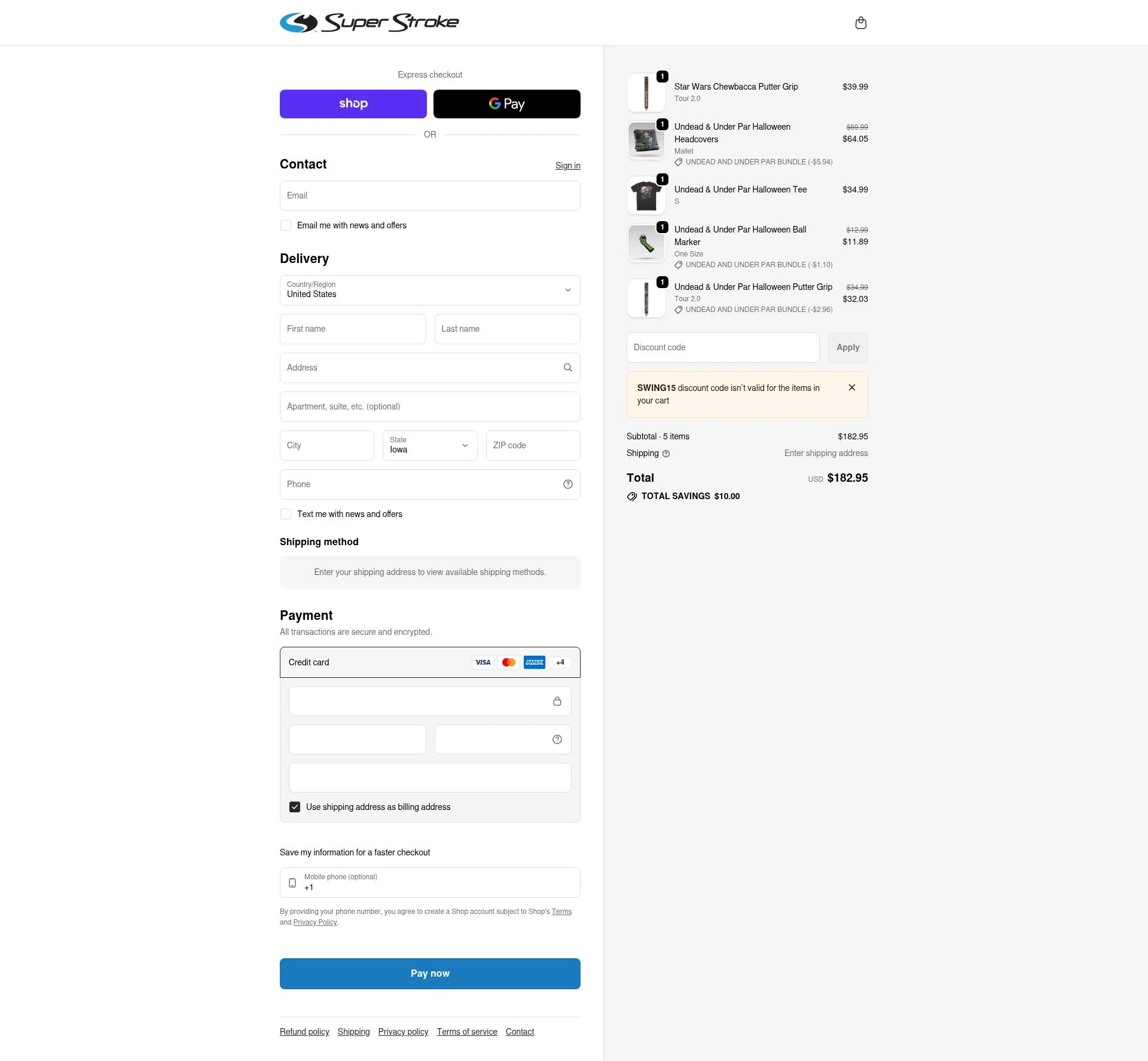Super Strokeusa USA checkout page showing Super Strokeusa USA promo code box | Screenshot taken by SimplyCodes community member on Feb 9, 2026