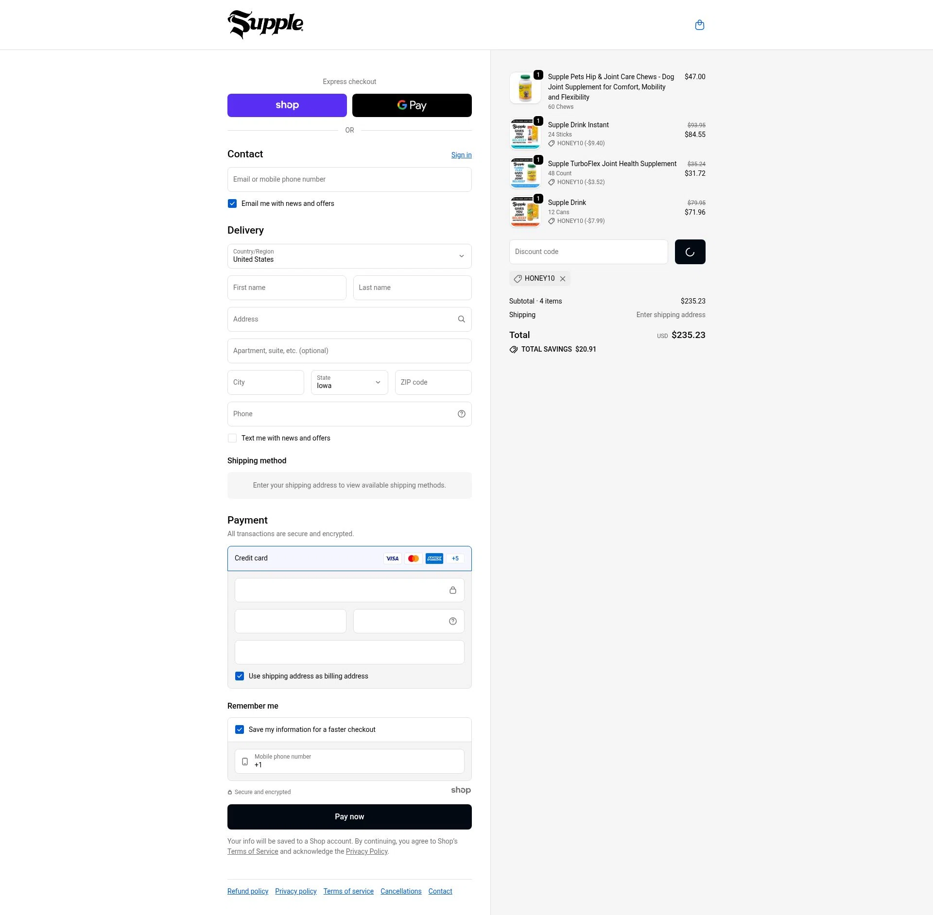 Supple Drink checkout page showing Supple Drink promo code box | Screenshot taken by SimplyCodes community member on Jan 3, 2026