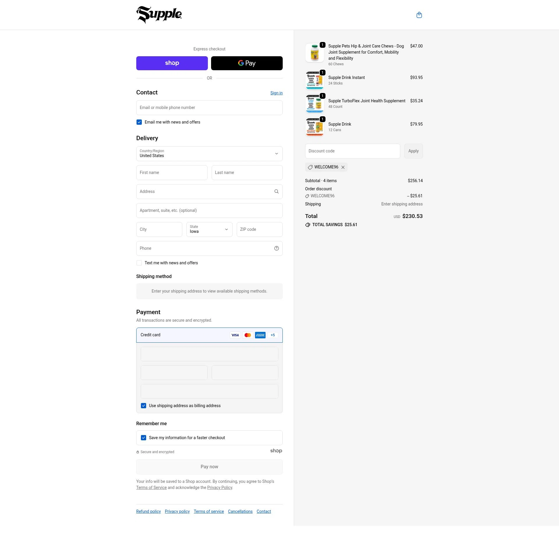 Supple Drink checkout page showing Supple Drink promo code box | Screenshot taken by SimplyCodes community member on Jan 8, 2026
