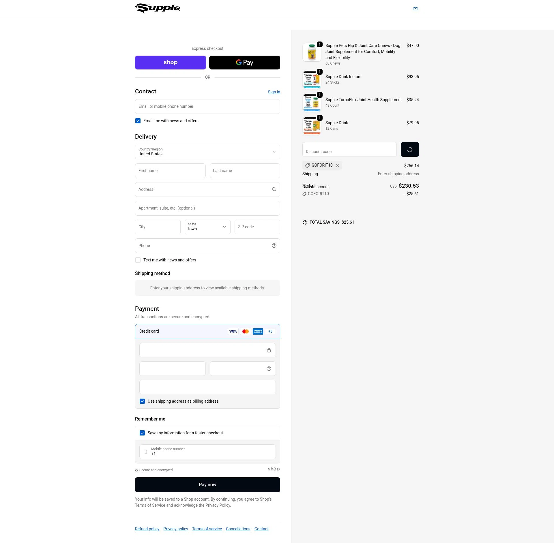 Supple Drink checkout page showing Supple Drink promo code box | Screenshot taken by SimplyCodes community member on Jan 3, 2026