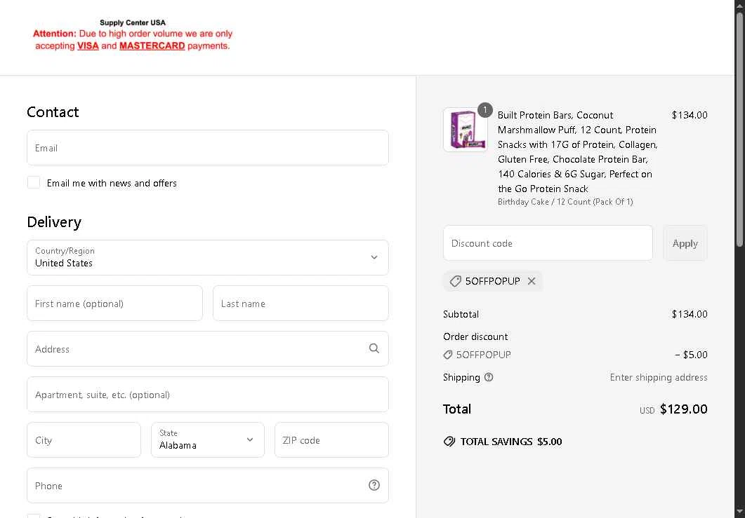 Supply Center USA checkout page showing Supply Center USA discount code box | Screenshot taken by SimplyCodes community member on May 22, 2025