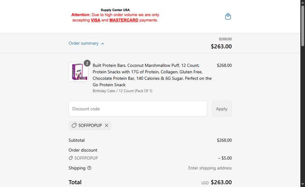 Supply Center USA checkout page showing Supply Center USA discount code box | Screenshot taken by SimplyCodes community member on May 22, 2025