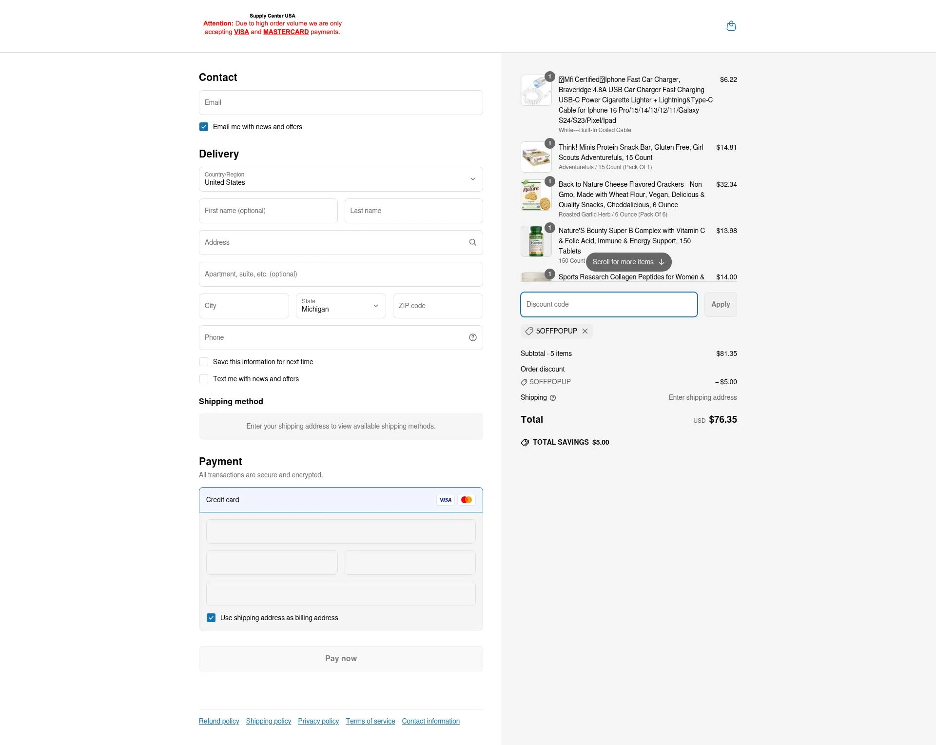 Supply Center USA checkout page showing Supply Center USA discount code box | Screenshot taken by SimplyCodes community member on Jun 21, 2025
