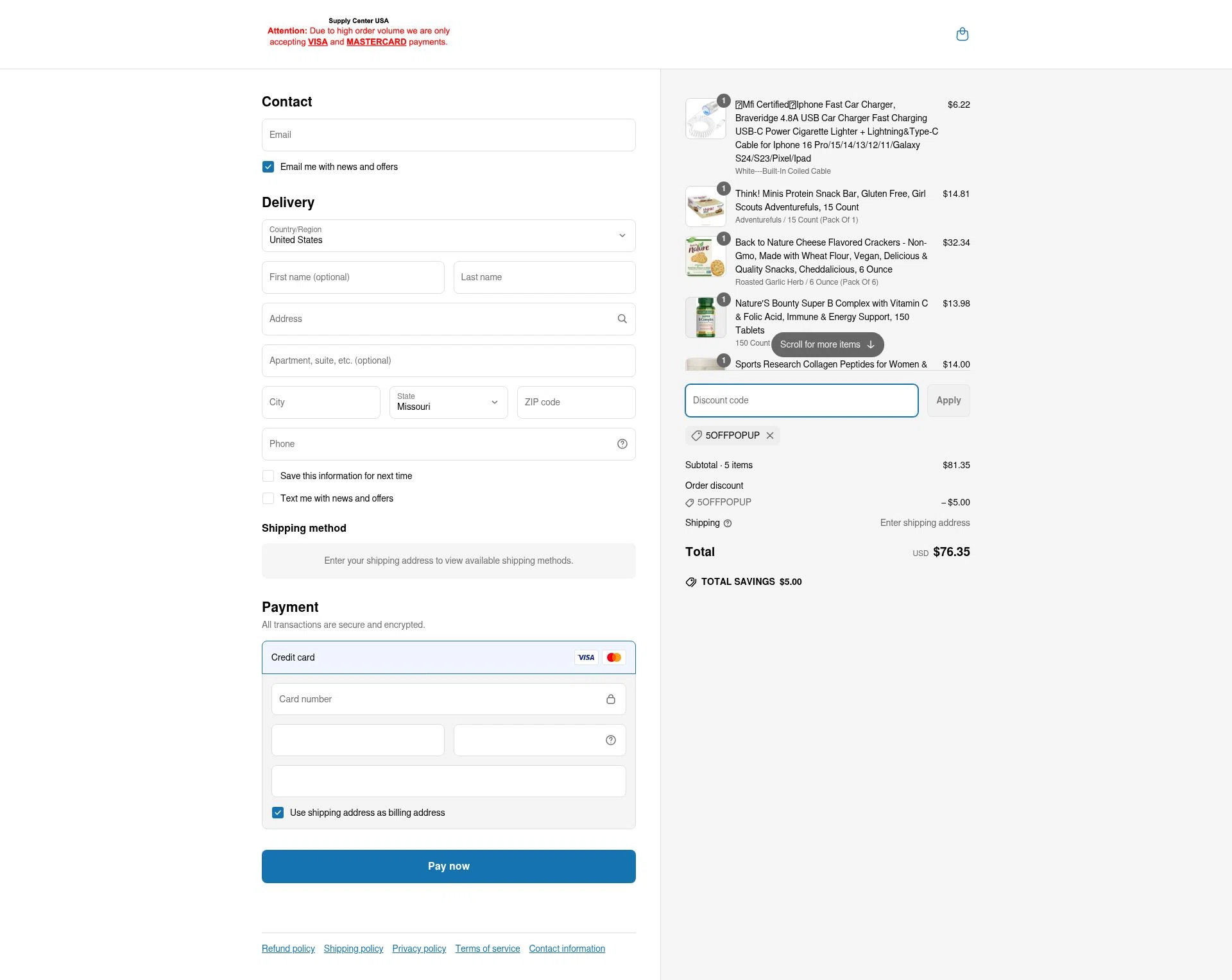 Supply Center USA checkout page showing Supply Center USA discount code box | Screenshot taken by SimplyCodes community member on Jun 17, 2025