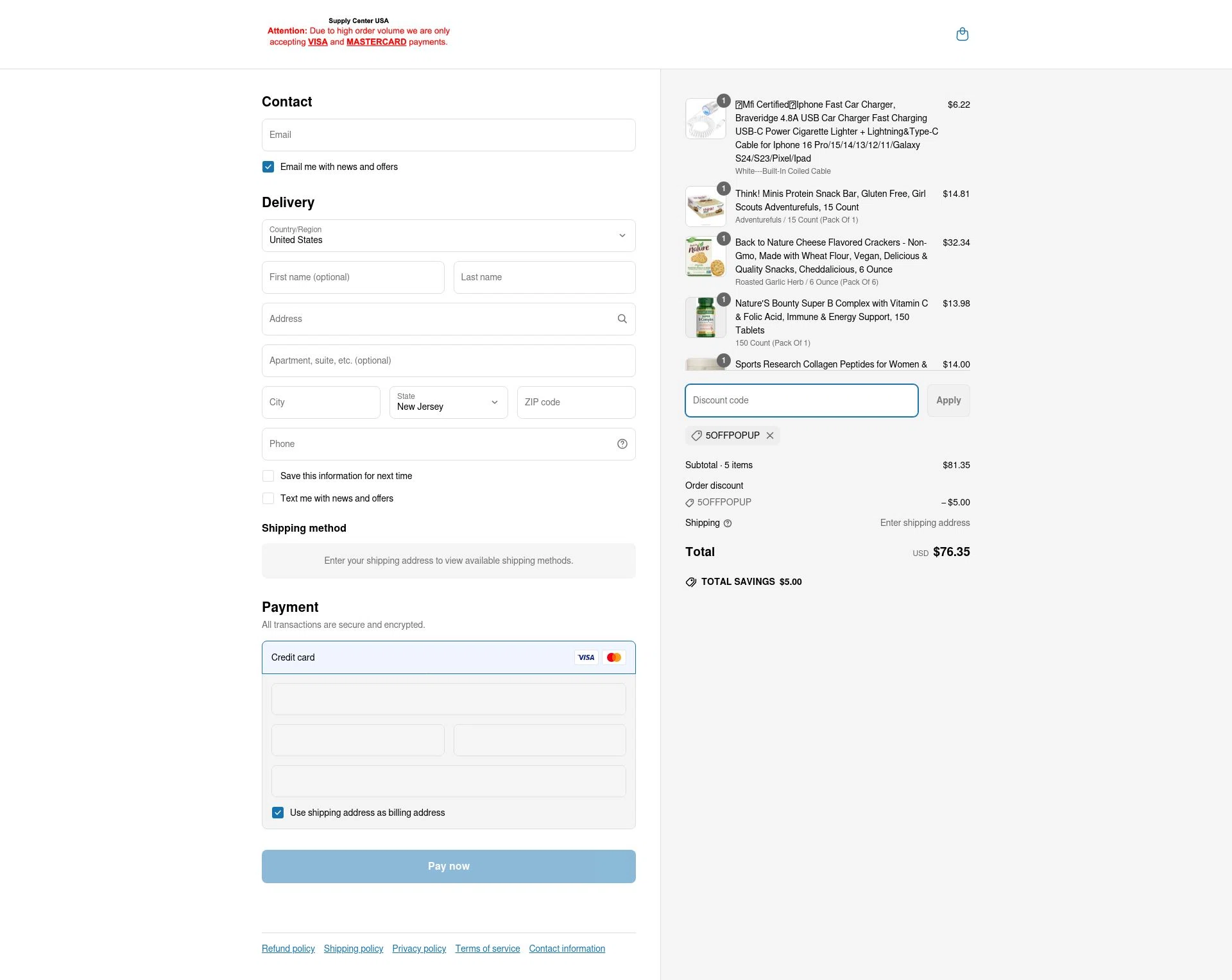 Supply Center USA checkout page showing Supply Center USA discount code box | Screenshot taken by SimplyCodes community member on May 14, 2025