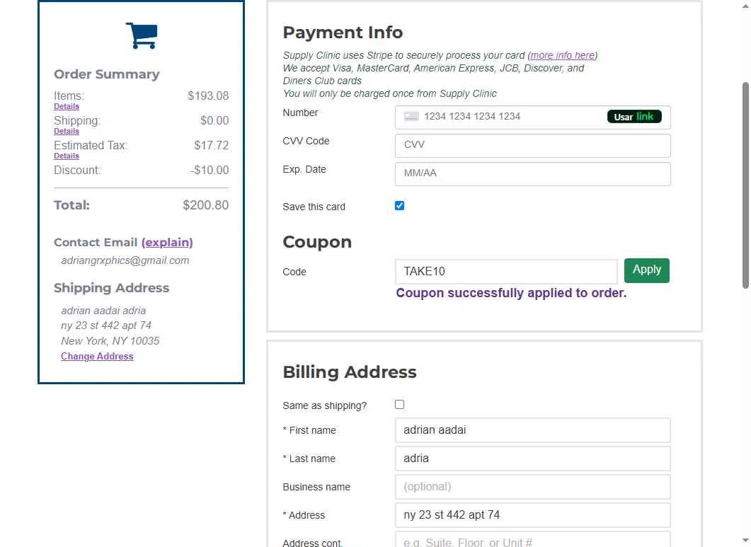Supply Clinic checkout page showing Supply Clinic coupon code box | Screenshot taken by SimplyCodes community member on Sep 26, 2025