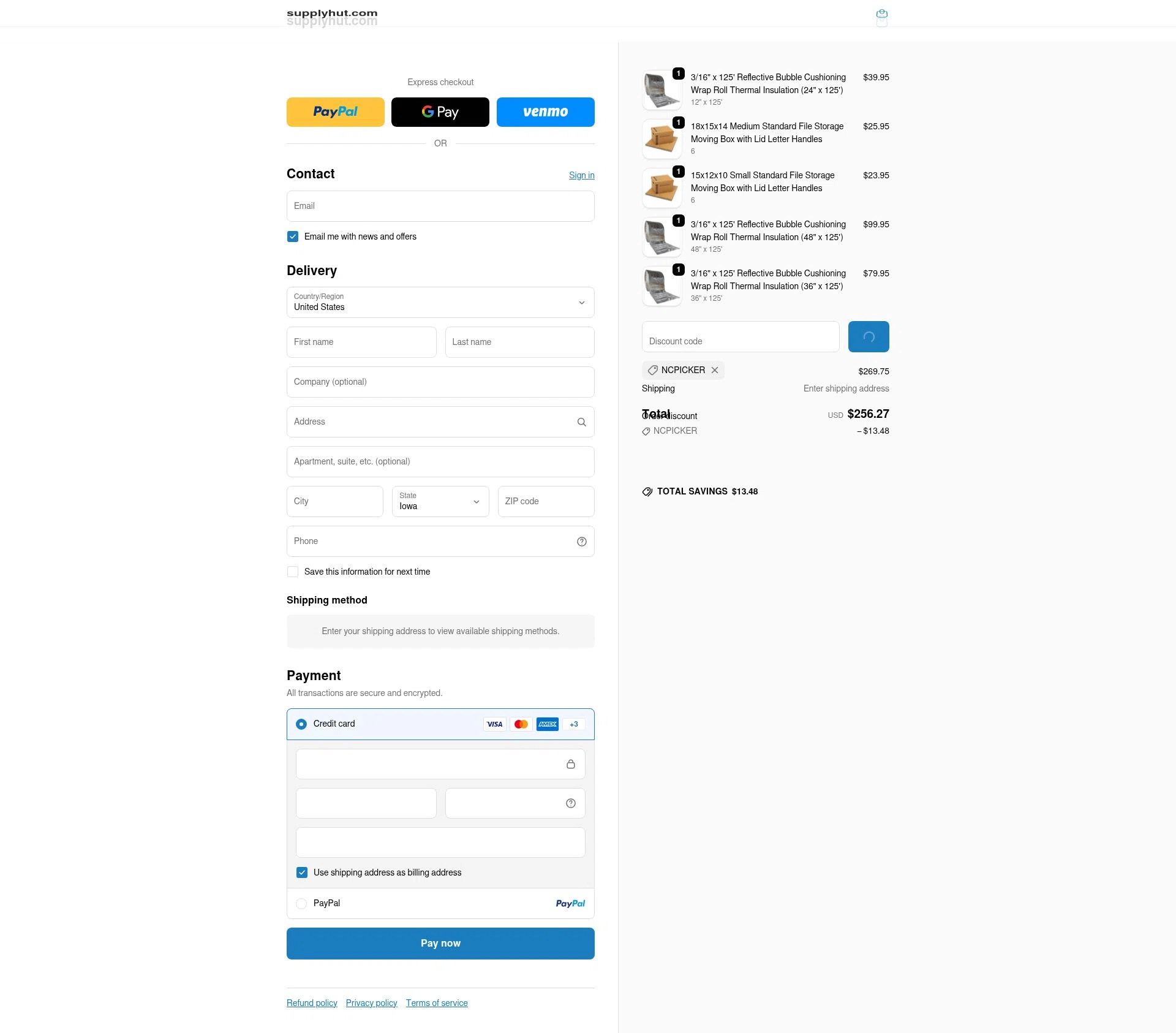 Supply Hut checkout page showing Supply Hut discount code box | Screenshot taken by SimplyCodes community member on Jan 13, 2026