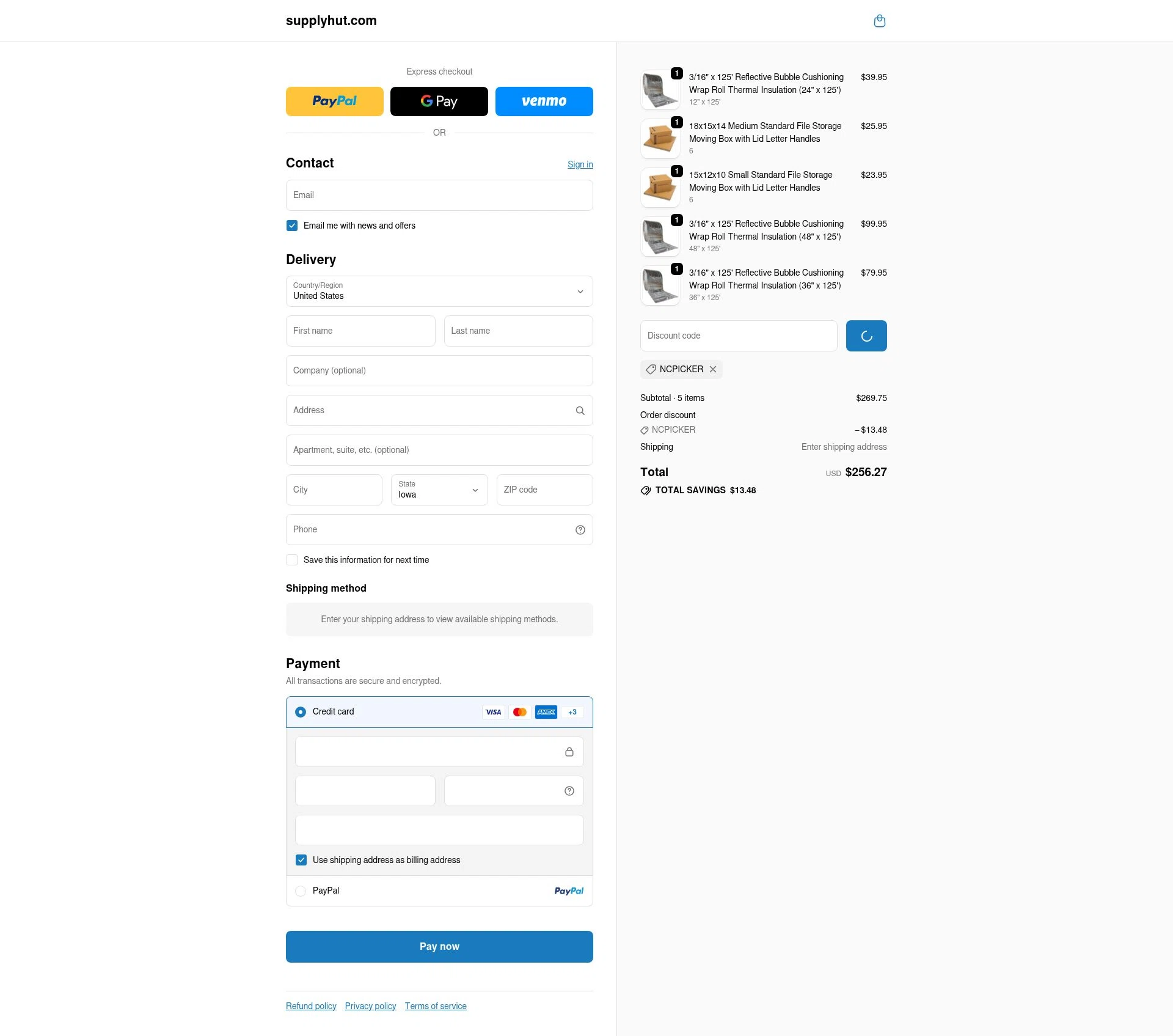 Supply Hut checkout page showing Supply Hut discount code box | Screenshot taken by SimplyCodes community member on Feb 5, 2026
