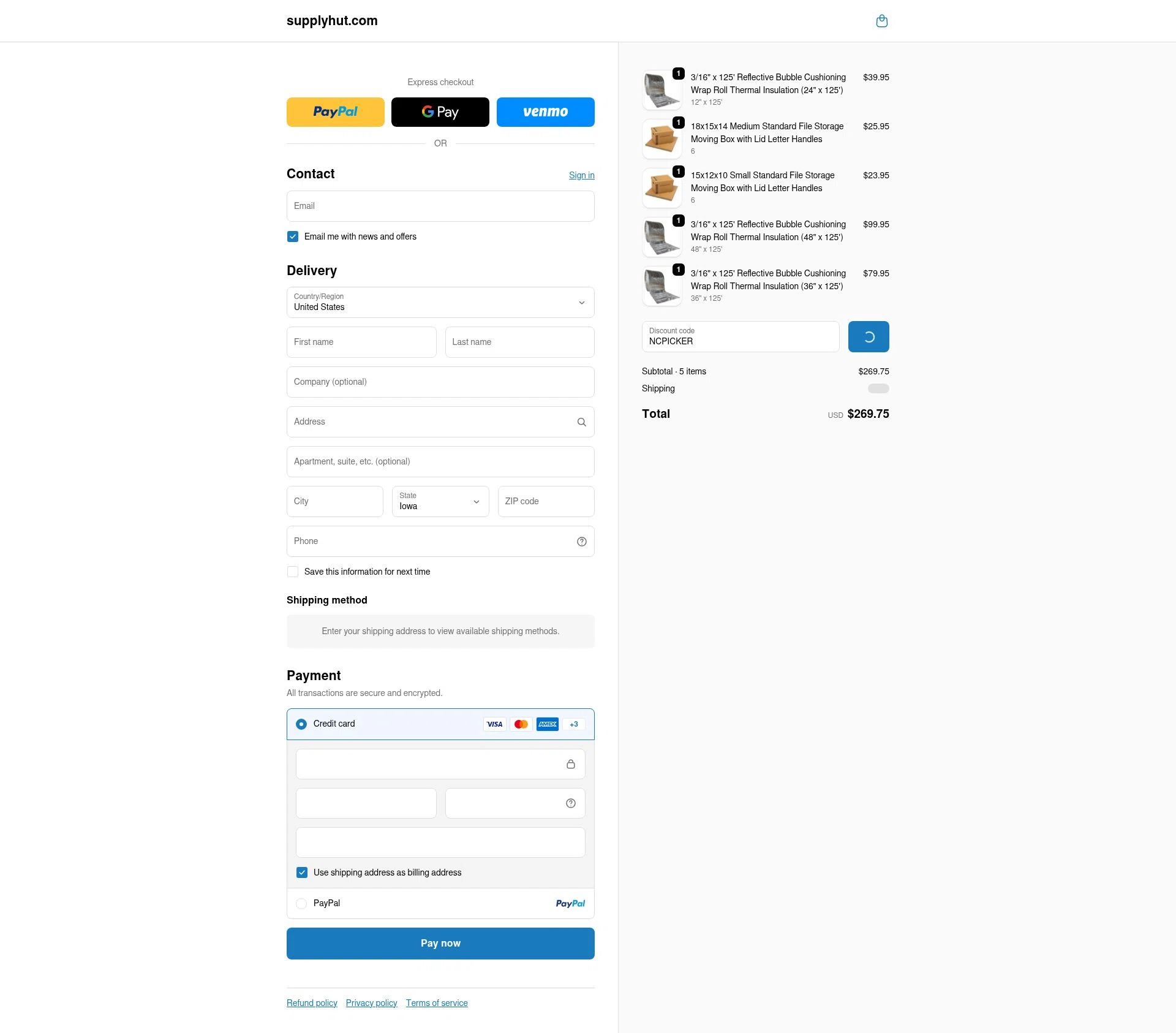 Supply Hut checkout page showing Supply Hut discount code box | Screenshot taken by SimplyCodes community member on Jan 18, 2026