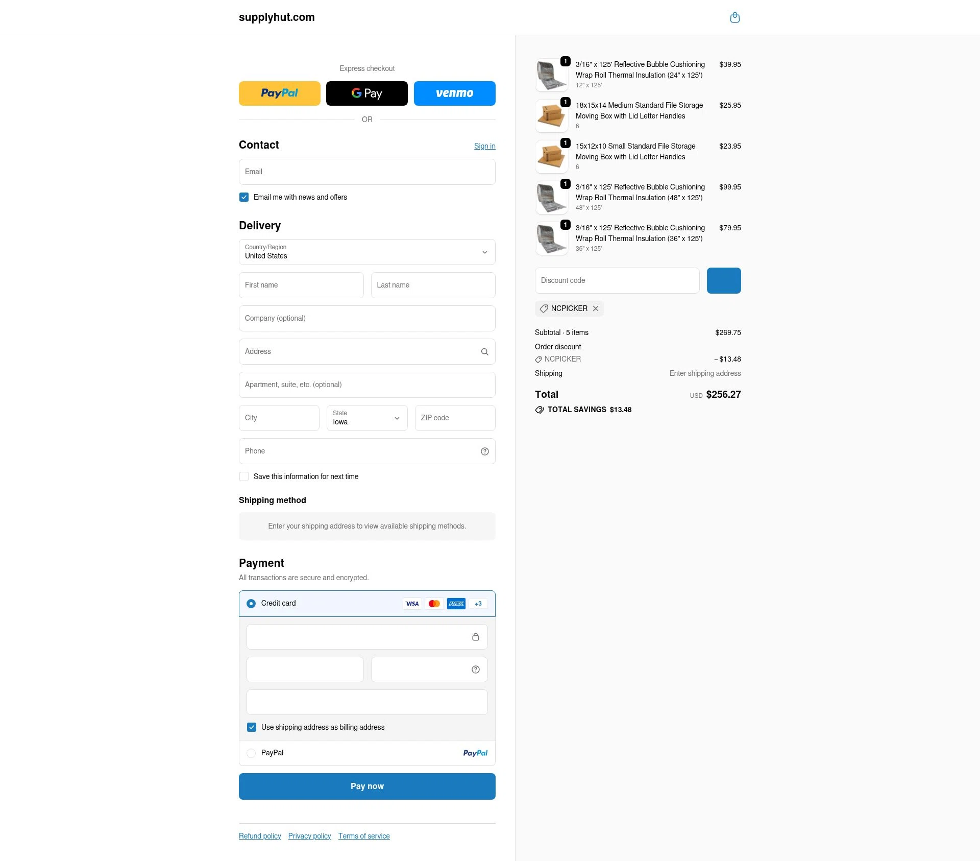 Supply Hut checkout page showing Supply Hut discount code box | Screenshot taken by SimplyCodes community member on Dec 29, 2025
