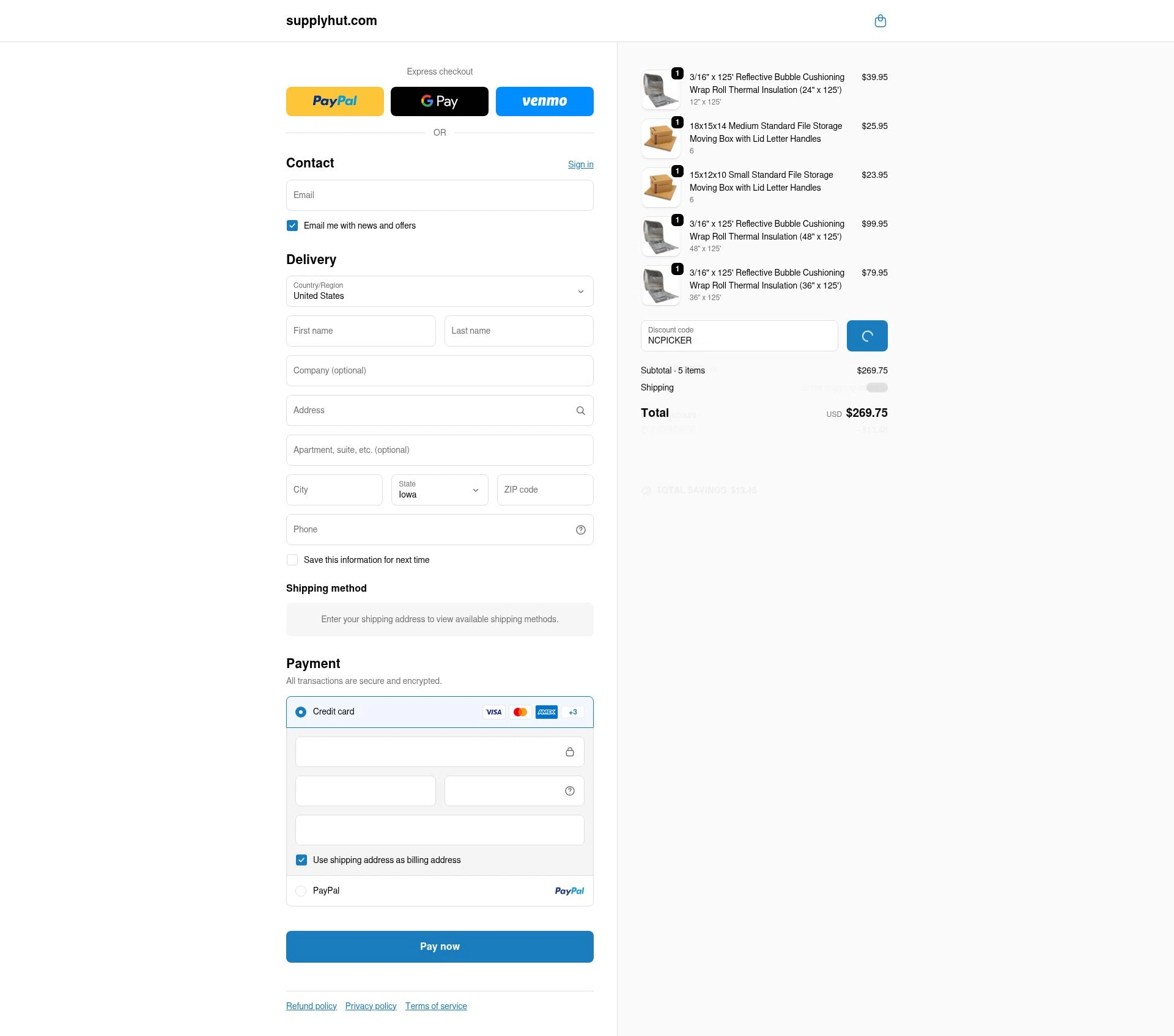 Supply Hut checkout page showing Supply Hut discount code box | Screenshot taken by SimplyCodes community member on Feb 1, 2026