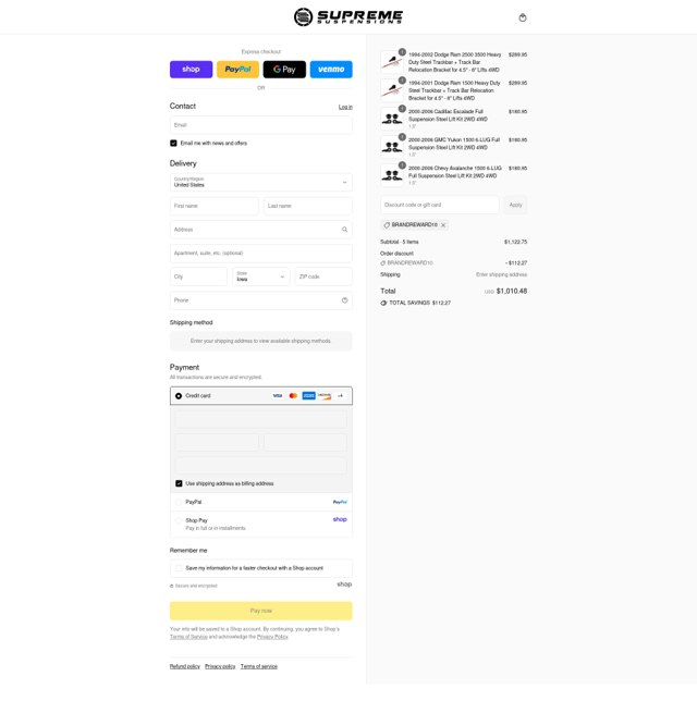 Supreme Suspensions checkout page showing Supreme Suspensions discount code box | Screenshot taken by SimplyCodes community member on Sep 2, 2025