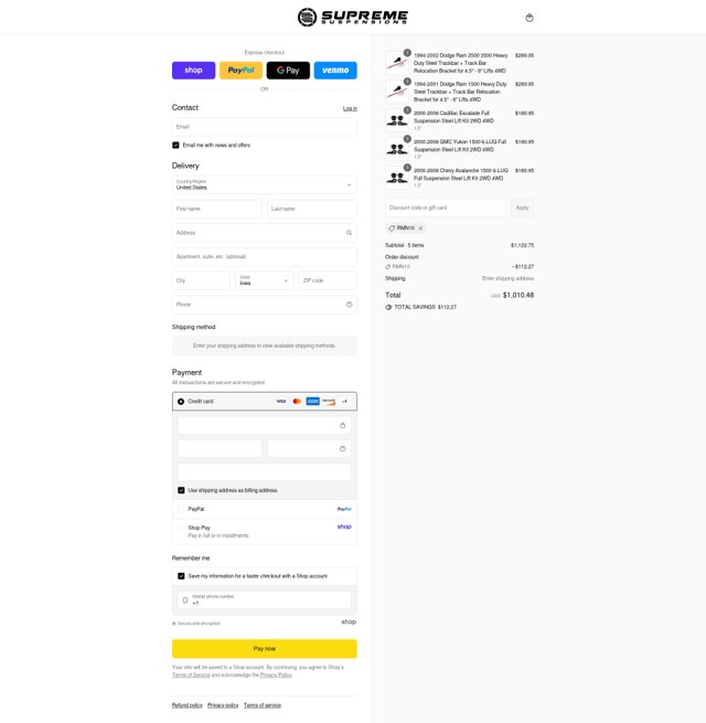 Supreme Suspensions checkout page showing Supreme Suspensions discount code box | Screenshot taken by SimplyCodes community member on Sep 2, 2025