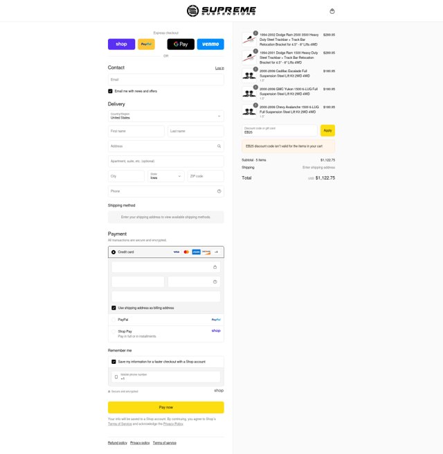 Supreme Suspensions checkout page showing Supreme Suspensions discount code box | Screenshot taken by SimplyCodes community member on Sep 2, 2025
