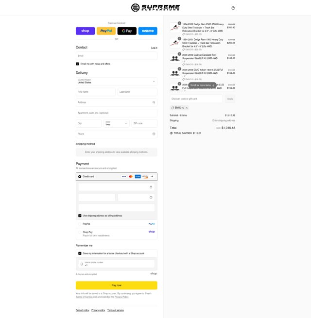 Supreme Suspensions checkout page showing Supreme Suspensions discount code box | Screenshot taken by SimplyCodes community member on Sep 2, 2025