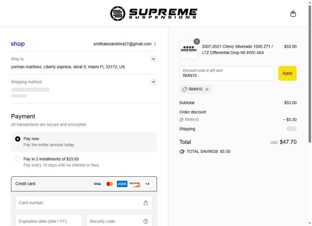 Supreme Suspensions checkout page showing Supreme Suspensions discount code box | Screenshot taken by SimplyCodes community member on Sep 3, 2025