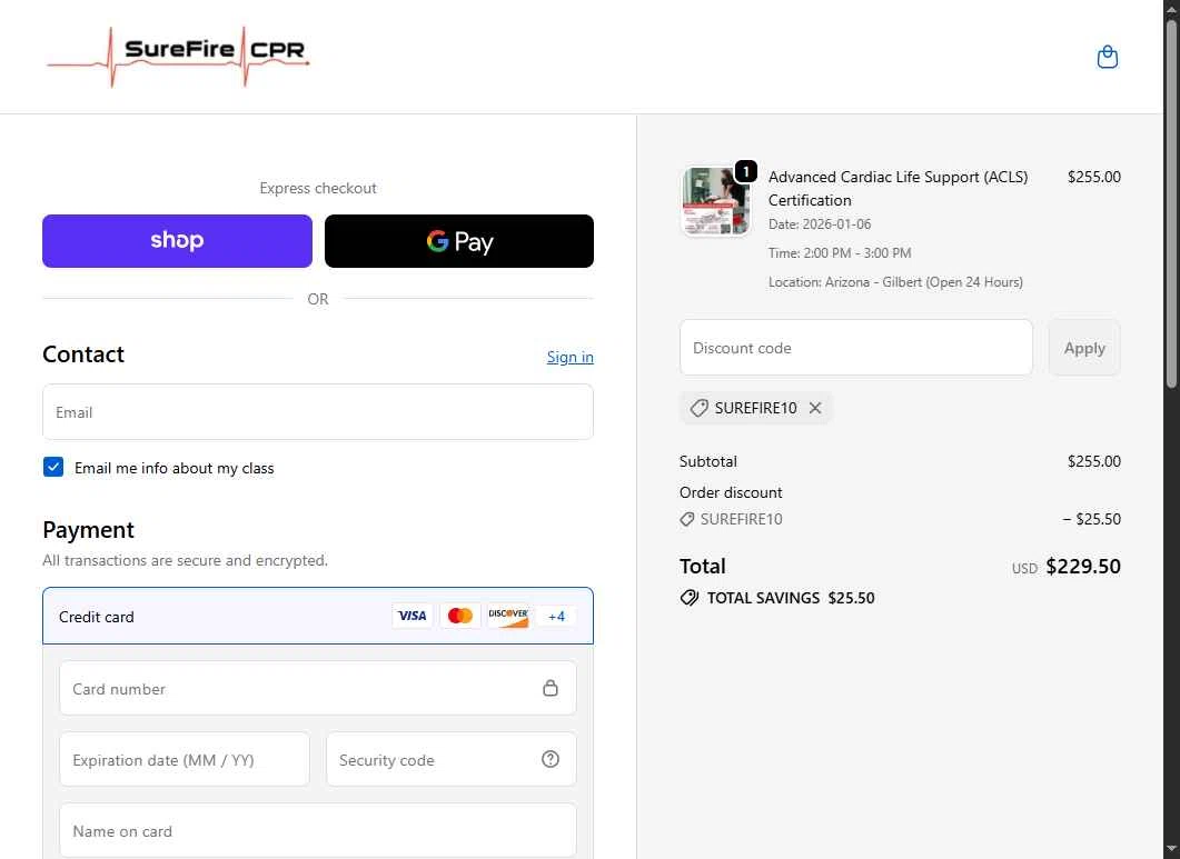 SureFire CPR checkout page showing SureFire CPR promo code box | Screenshot taken by SimplyCodes community member on Jan 4, 2026