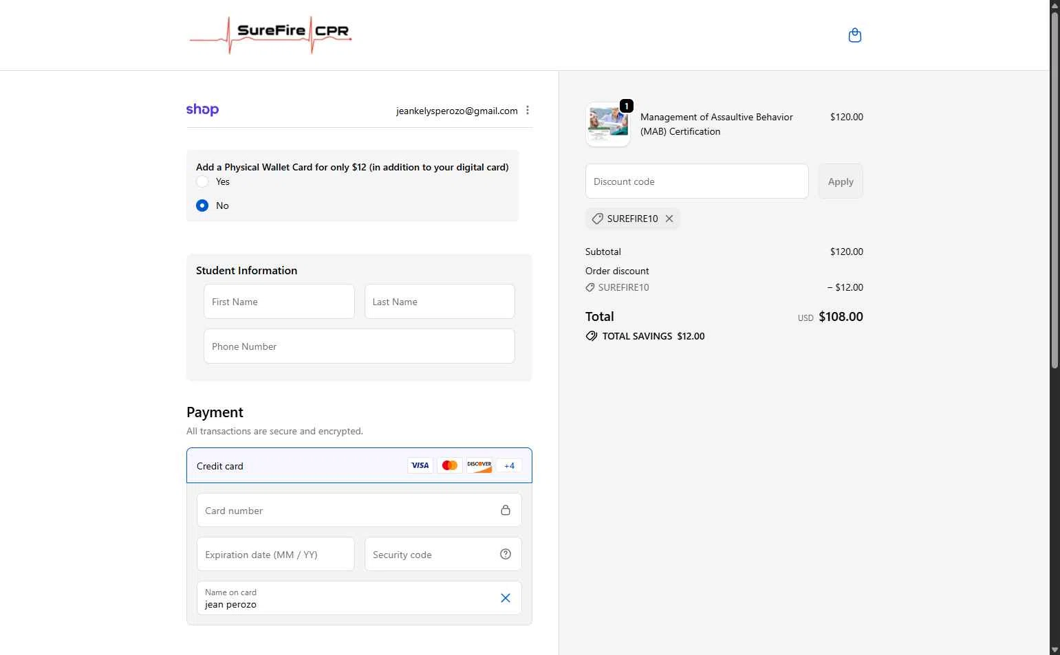 SureFire CPR checkout page showing SureFire CPR promo code box | Screenshot taken by SimplyCodes community member on Feb 2, 2026