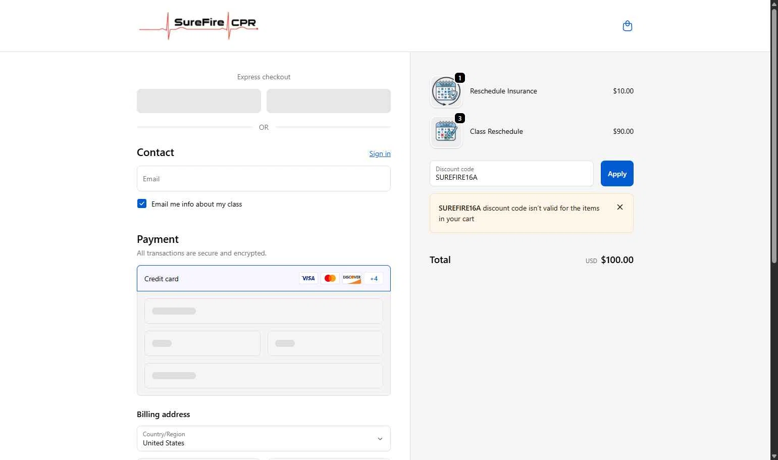 SureFire CPR checkout page showing SureFire CPR promo code box | Screenshot taken by SimplyCodes community member on Nov 30, 2025