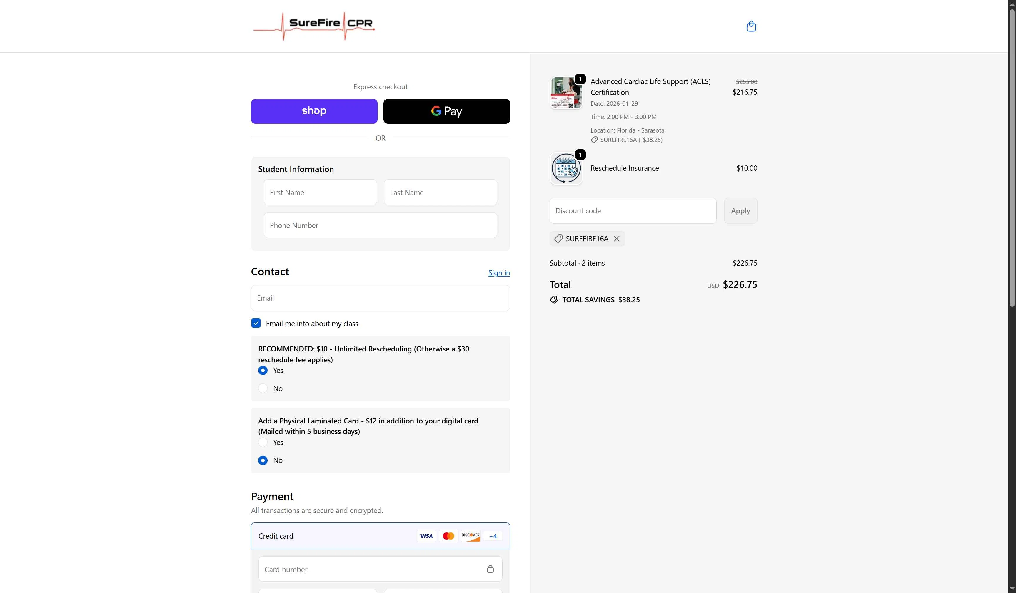 SureFire CPR checkout page showing SureFire CPR promo code box | Screenshot taken by SimplyCodes community member on Jan 27, 2026