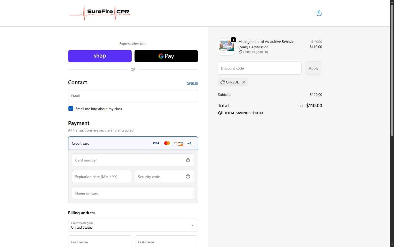 SureFire CPR checkout page showing SureFire CPR promo code box | Screenshot taken by SimplyCodes community member on Dec 31, 2025
