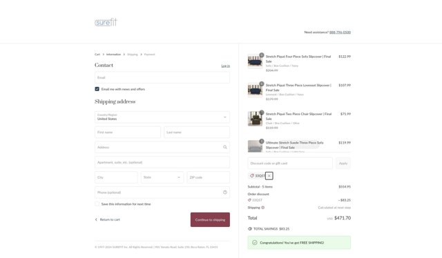 SureFit checkout page showing SureFit coupon code box | Screenshot taken by SimplyCodes community member on Feb 19, 2025