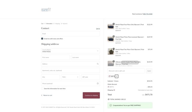 SureFit checkout page showing SureFit coupon code box | Screenshot taken by SimplyCodes community member on Feb 19, 2025