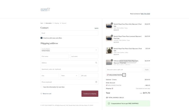 SureFit checkout page showing SureFit coupon code box | Screenshot taken by SimplyCodes community member on Feb 19, 2025