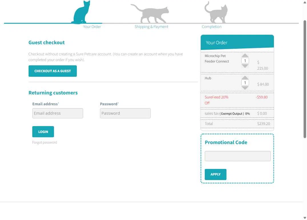 Sure Petcare checkout page showing Sure Petcare promo code box | Screenshot taken by SimplyCodes community member on Jul 2, 2025