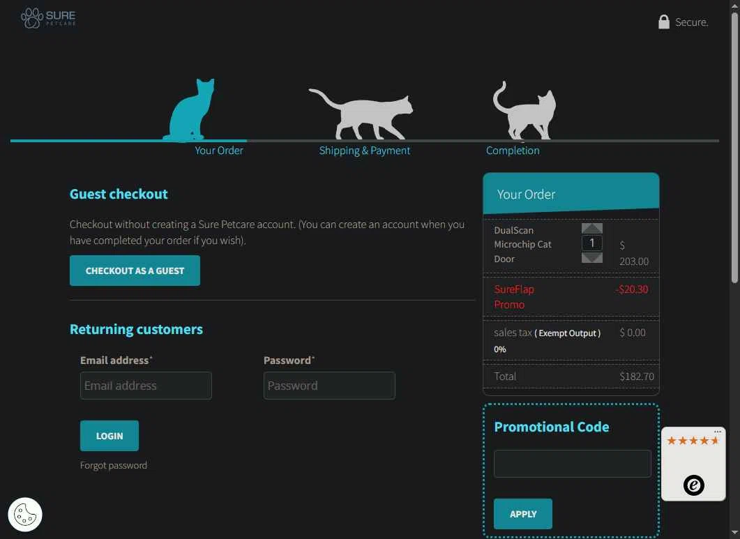 Sure Petcare checkout page showing Sure Petcare promo code box | Screenshot taken by SimplyCodes community member on Jun 9, 2025