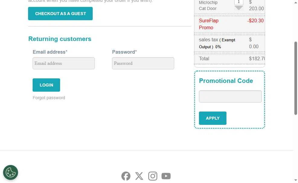 Sure Petcare checkout page showing Sure Petcare promo code box | Screenshot taken by SimplyCodes community member on May 29, 2025