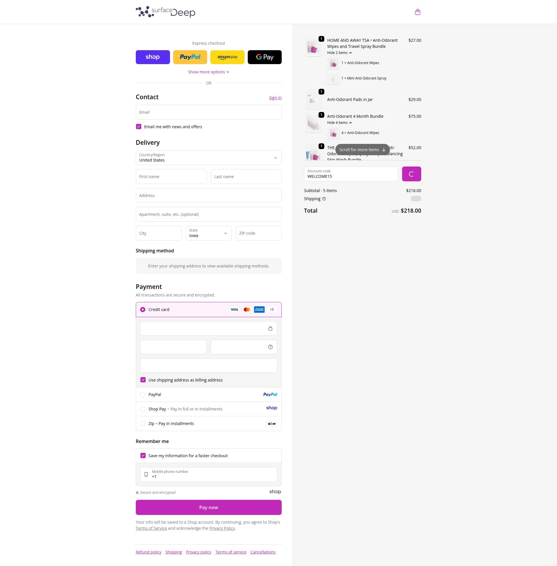 Surface Deep checkout page showing Surface Deep promo code box | Screenshot taken by SimplyCodes community member on Dec 17, 2025