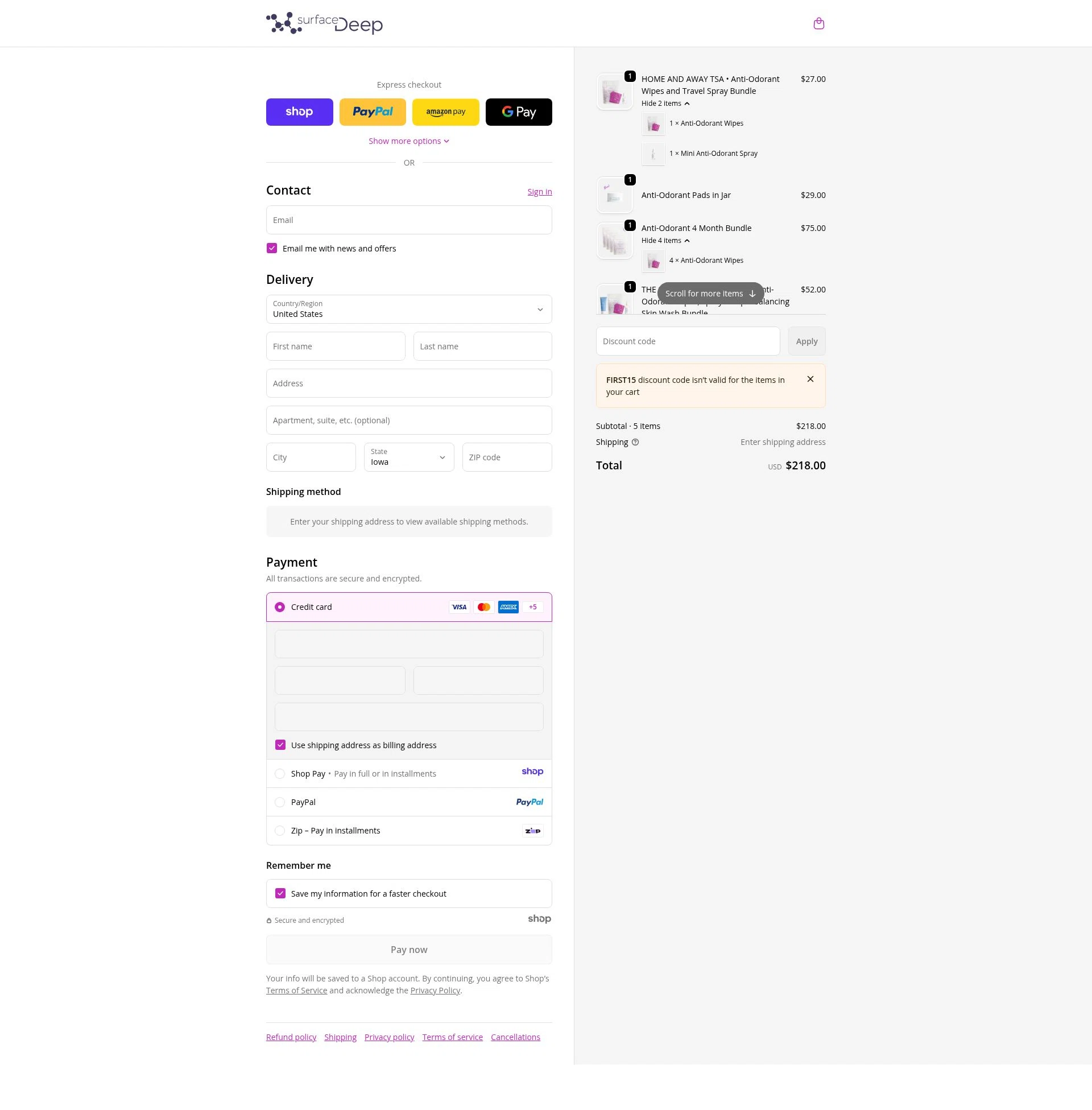Surface Deep checkout page showing Surface Deep promo code box | Screenshot taken by SimplyCodes community member on Dec 29, 2025