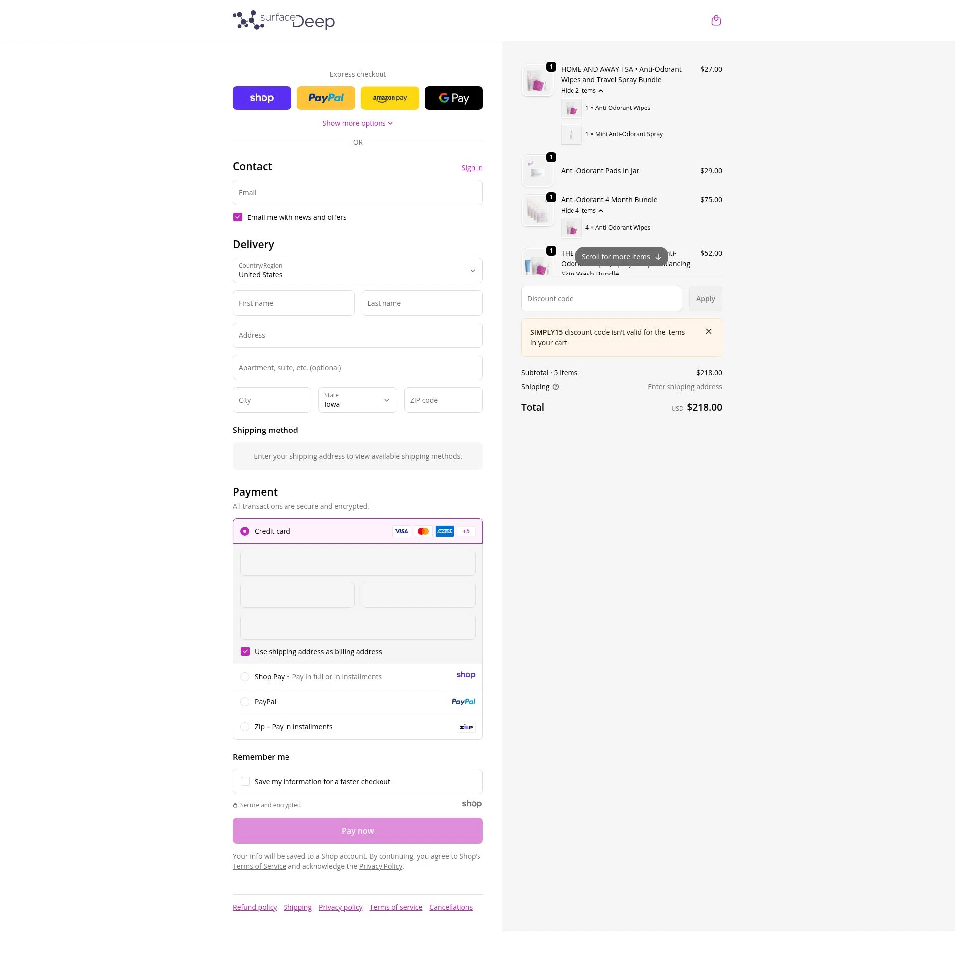 Surface Deep checkout page showing Surface Deep promo code box | Screenshot taken by SimplyCodes community member on Dec 29, 2025