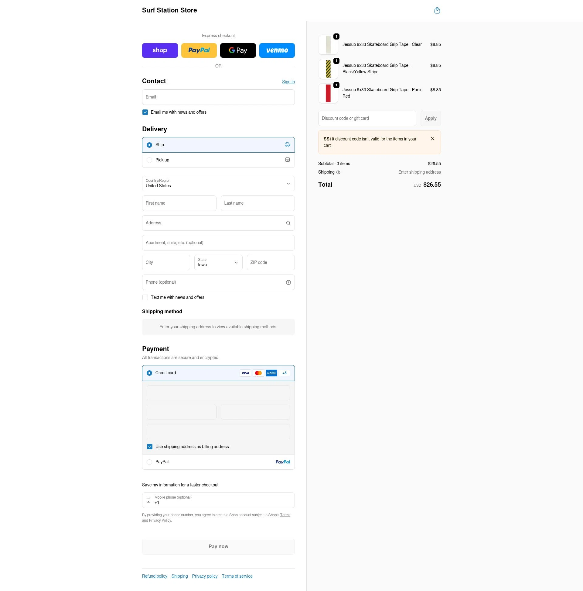 Surf Station checkout page showing Surf Station promo code box | Screenshot taken by SimplyCodes community member on Feb 24, 2026