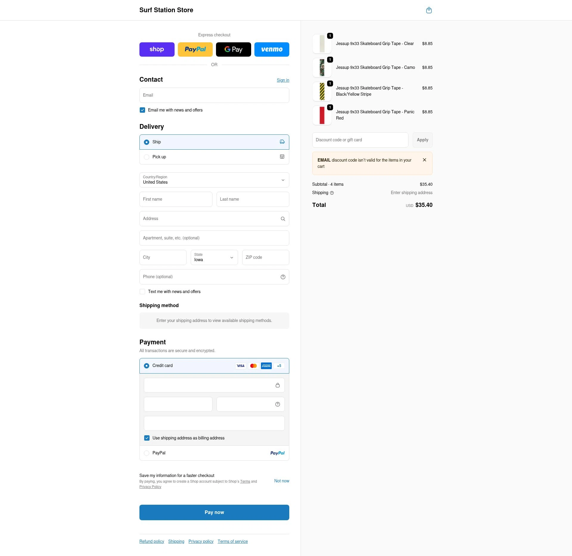 Surf Station checkout page showing Surf Station promo code box | Screenshot taken by SimplyCodes community member on Feb 19, 2026