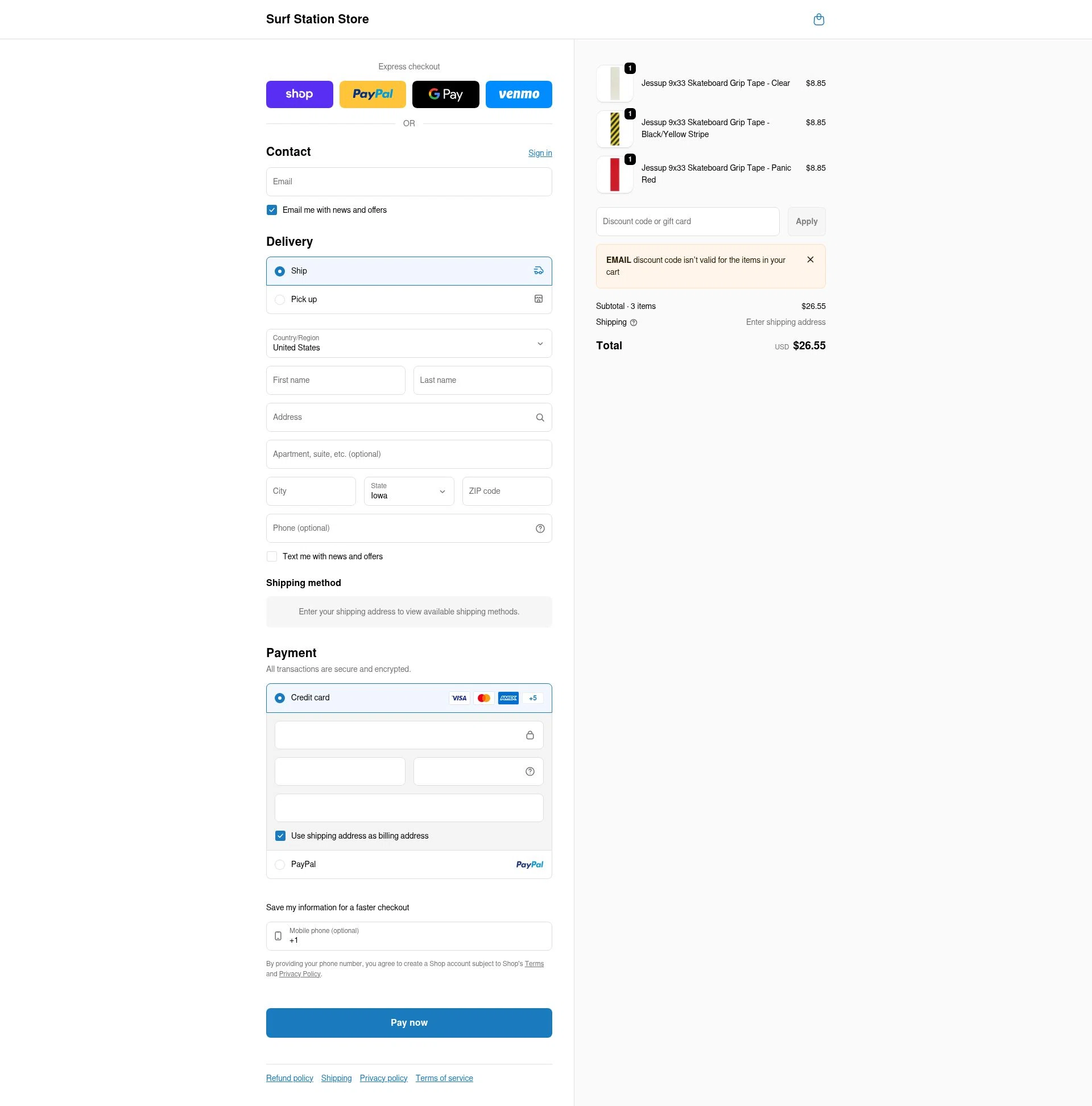 Surf Station checkout page showing Surf Station promo code box | Screenshot taken by SimplyCodes community member on Feb 24, 2026