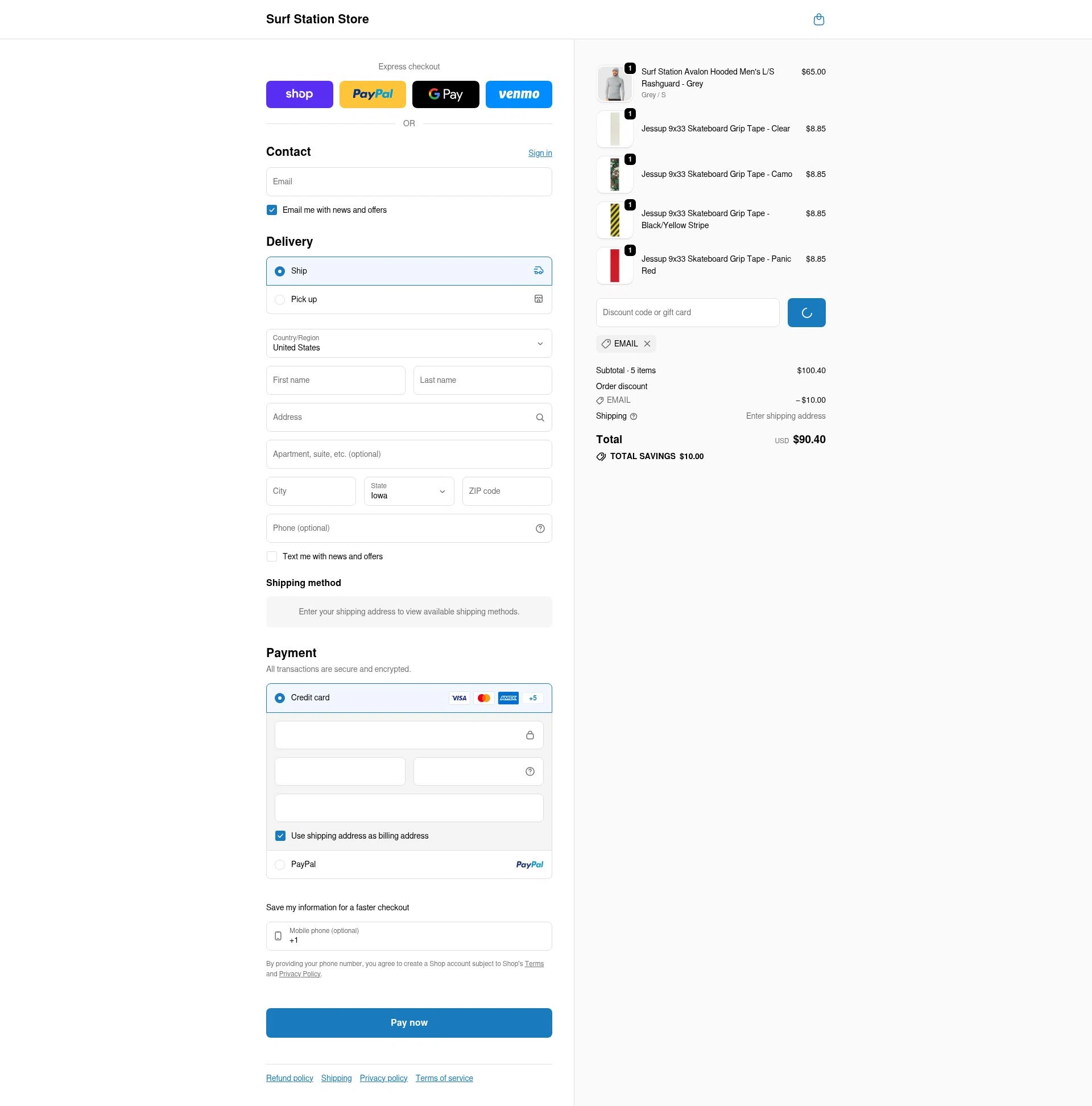 Surf Station checkout page showing Surf Station promo code box | Screenshot taken by SimplyCodes community member on Feb 10, 2026