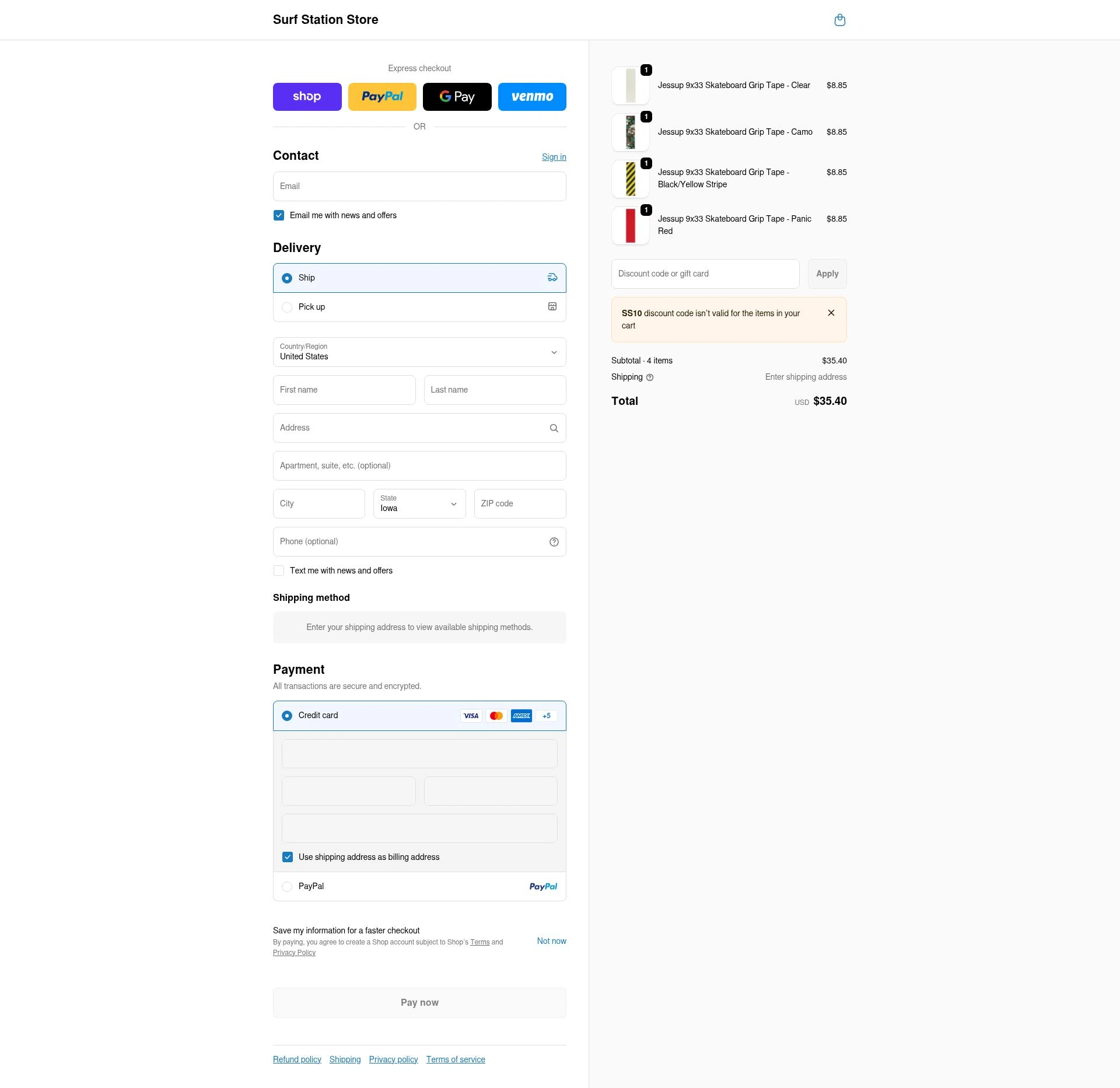 Surf Station checkout page showing Surf Station promo code box | Screenshot taken by SimplyCodes community member on Feb 19, 2026