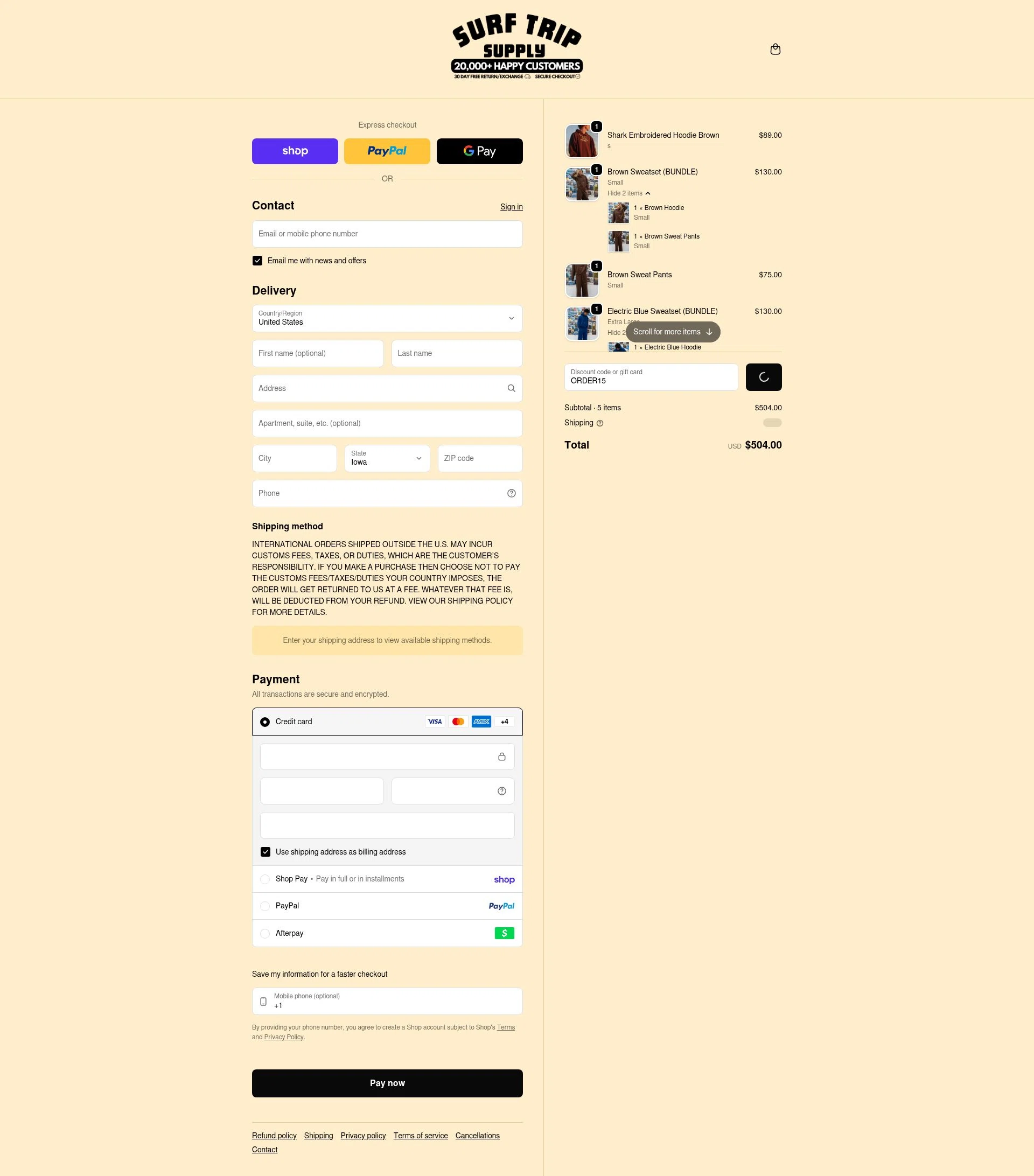 Surf Trip Supply checkout page showing Surf Trip Supply discount code box | Screenshot taken by SimplyCodes community member on Feb 19, 2026