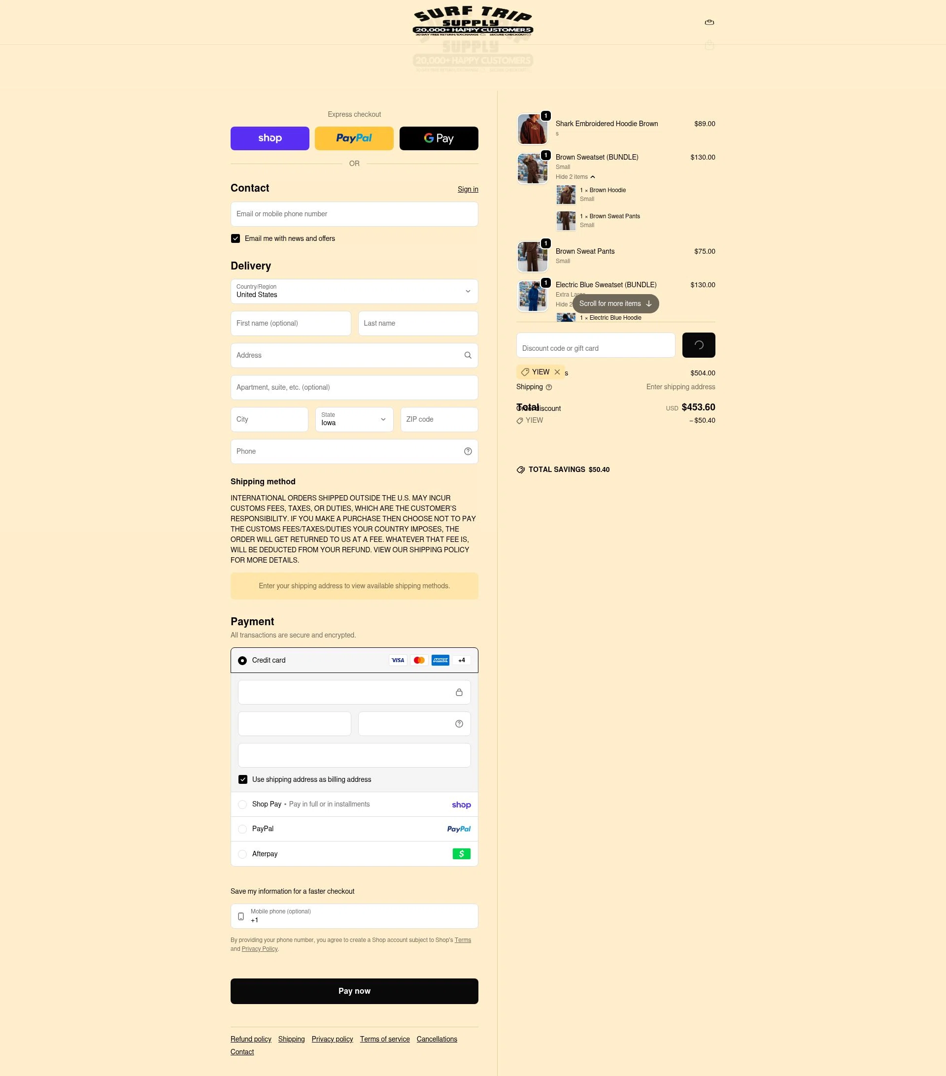 Surf Trip Supply checkout page showing Surf Trip Supply discount code box | Screenshot taken by SimplyCodes community member on Feb 19, 2026