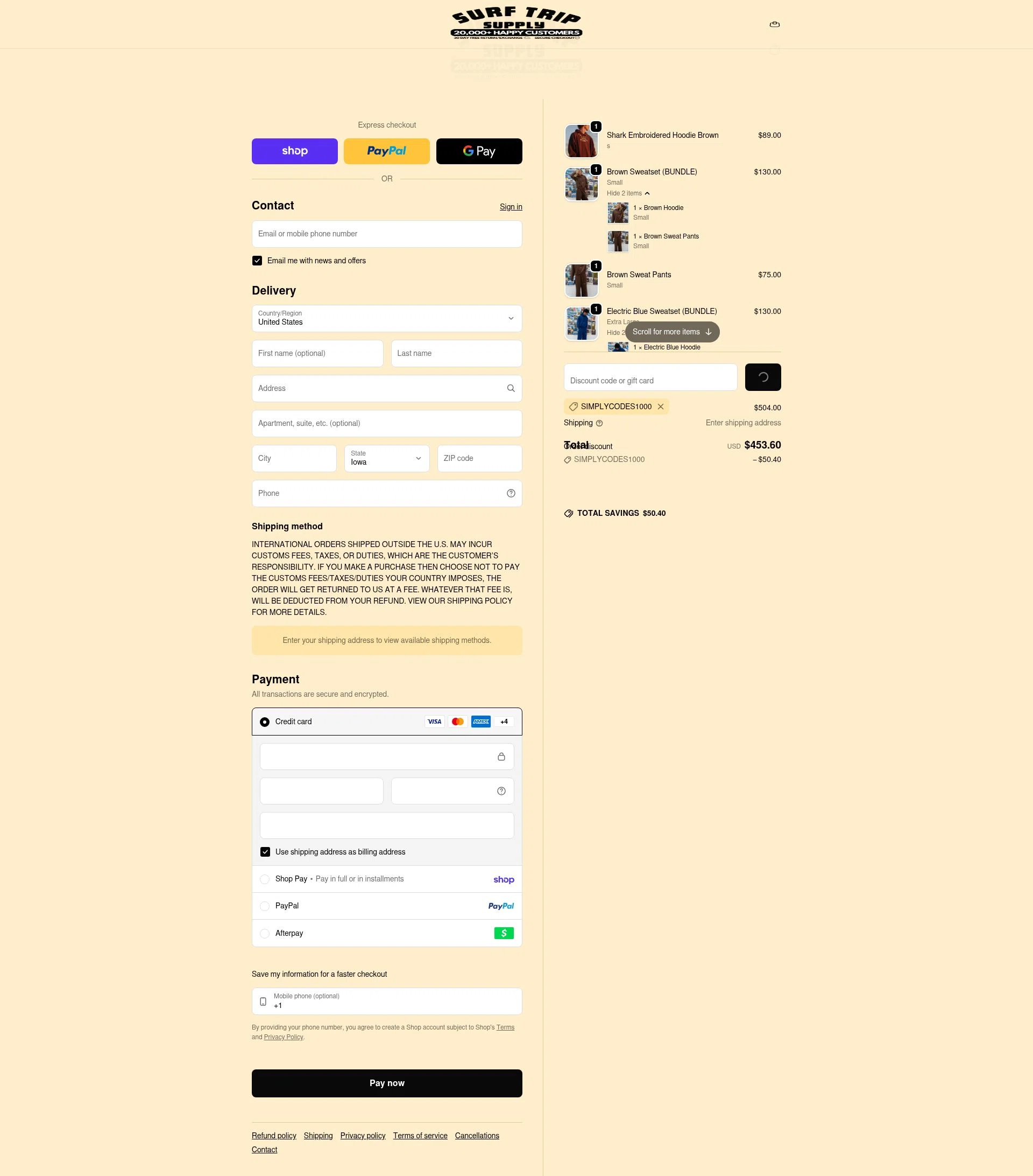 Surf Trip Supply checkout page showing Surf Trip Supply discount code box | Screenshot taken by SimplyCodes community member on Feb 19, 2026