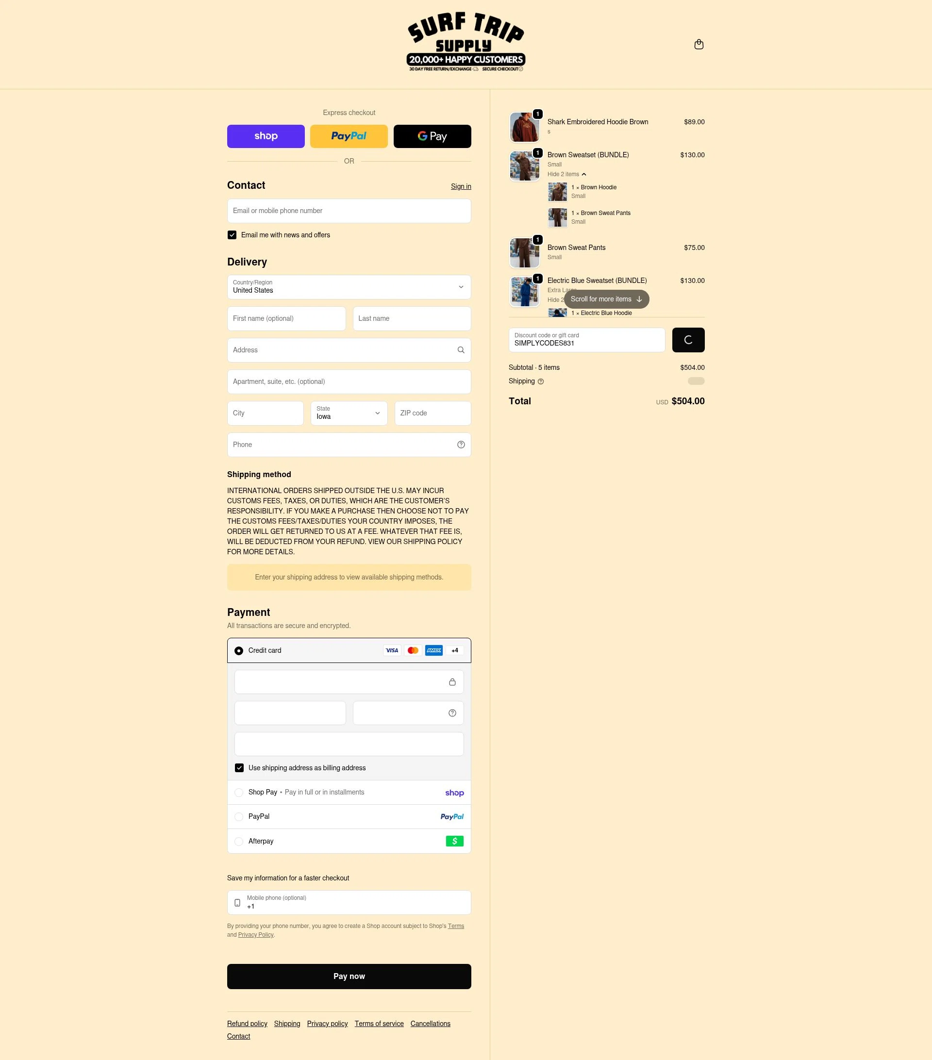 Surf Trip Supply checkout page showing Surf Trip Supply discount code box | Screenshot taken by SimplyCodes community member on Feb 19, 2026