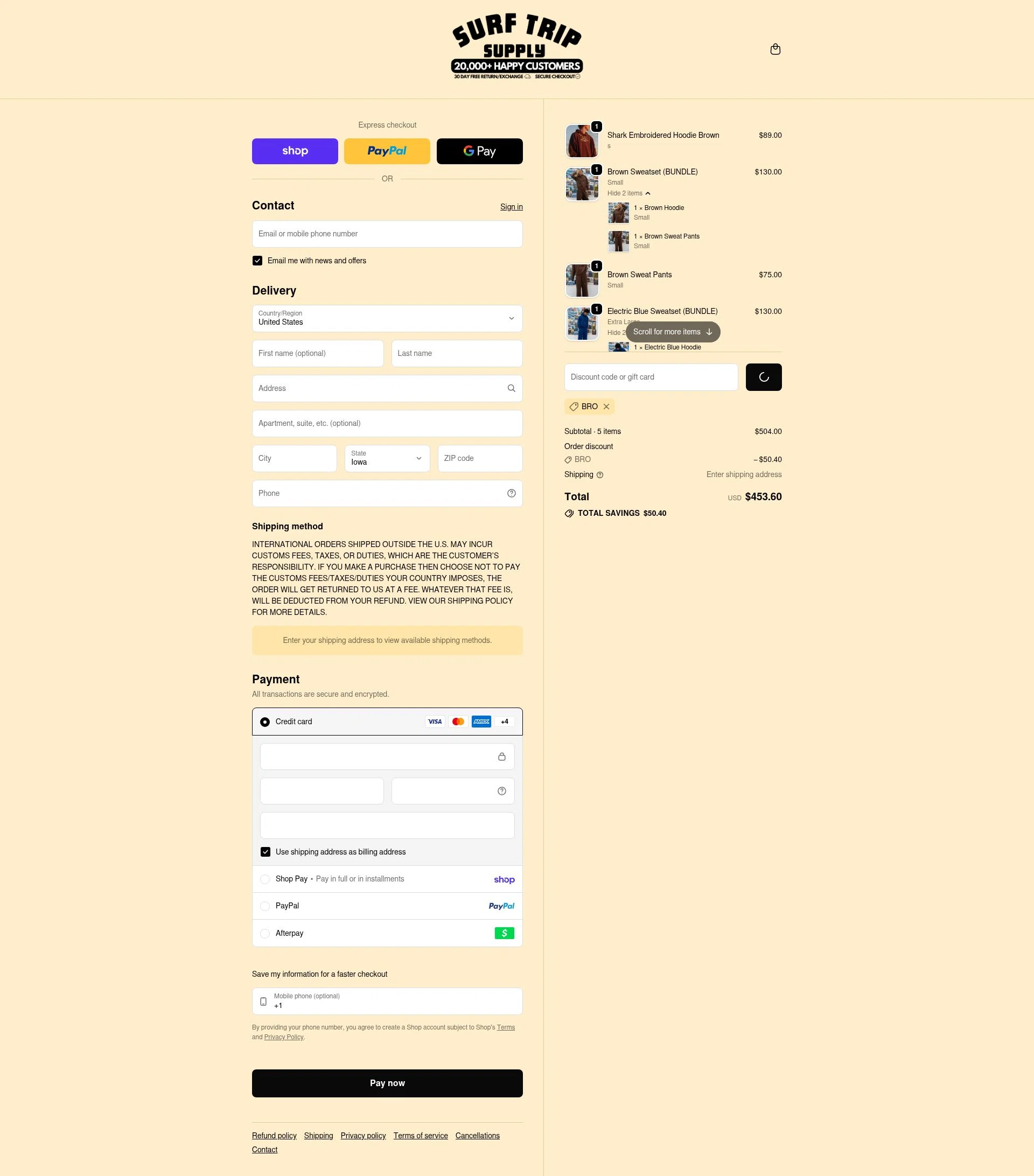 Surf Trip Supply checkout page showing Surf Trip Supply discount code box | Screenshot taken by SimplyCodes community member on Feb 19, 2026