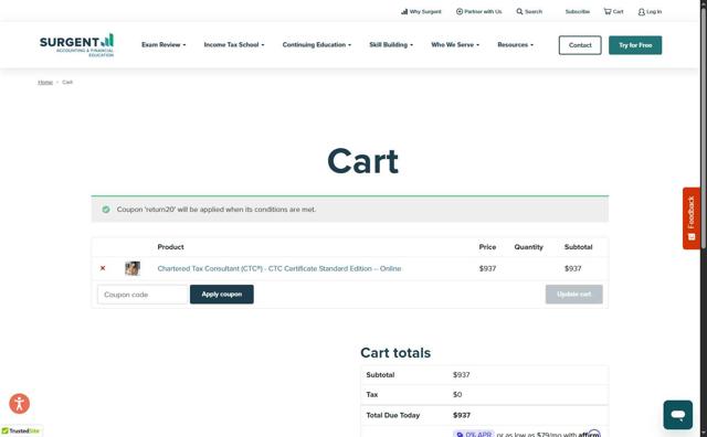 Surgent Accounting & Financial Education checkout page showing Surgent Accounting & Financial Education promo code box | Screenshot taken by SimplyCodes community member on Jul 28, 2025