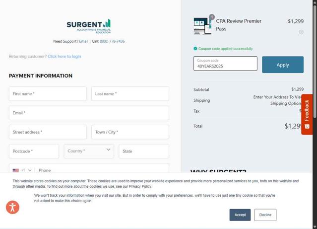 Surgent Accounting & Financial Education checkout page showing Surgent Accounting & Financial Education promo code box | Screenshot taken by SimplyCodes community member on Aug 18, 2025
