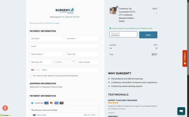 Surgent Accounting & Financial Education checkout page showing Surgent Accounting & Financial Education promo code box | Screenshot taken by SimplyCodes community member on Jul 28, 2025