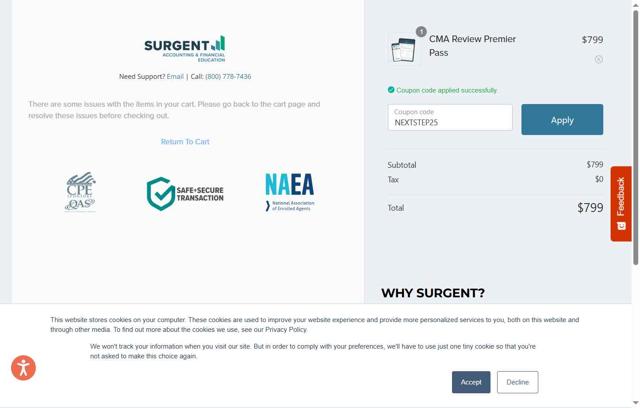 Surgent Accounting & Financial Education checkout page showing Surgent Accounting & Financial Education promo code box | Screenshot taken by SimplyCodes community member on Sep 5, 2025