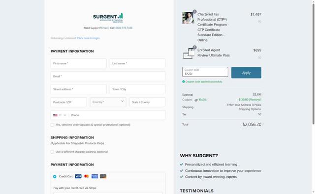Surgent Accounting & Financial Education checkout page showing Surgent Accounting & Financial Education promo code box | Screenshot taken by SimplyCodes community member on Aug 4, 2025