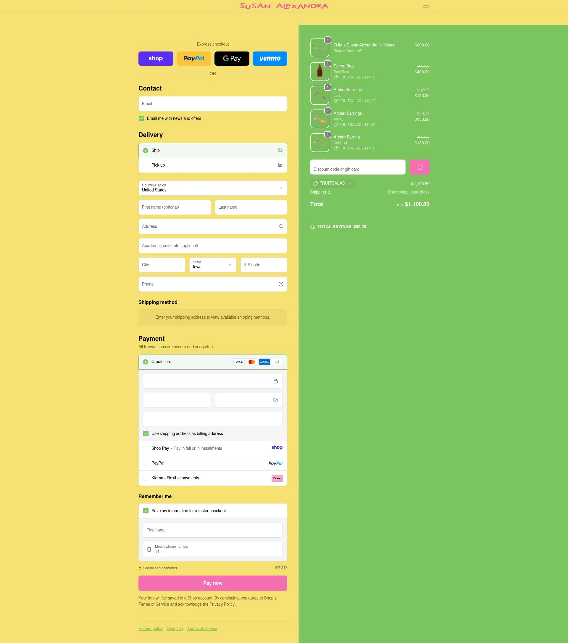 Susan Alexandra checkout page showing Susan Alexandra discount code box | Screenshot taken by SimplyCodes community member on Dec 25, 2025